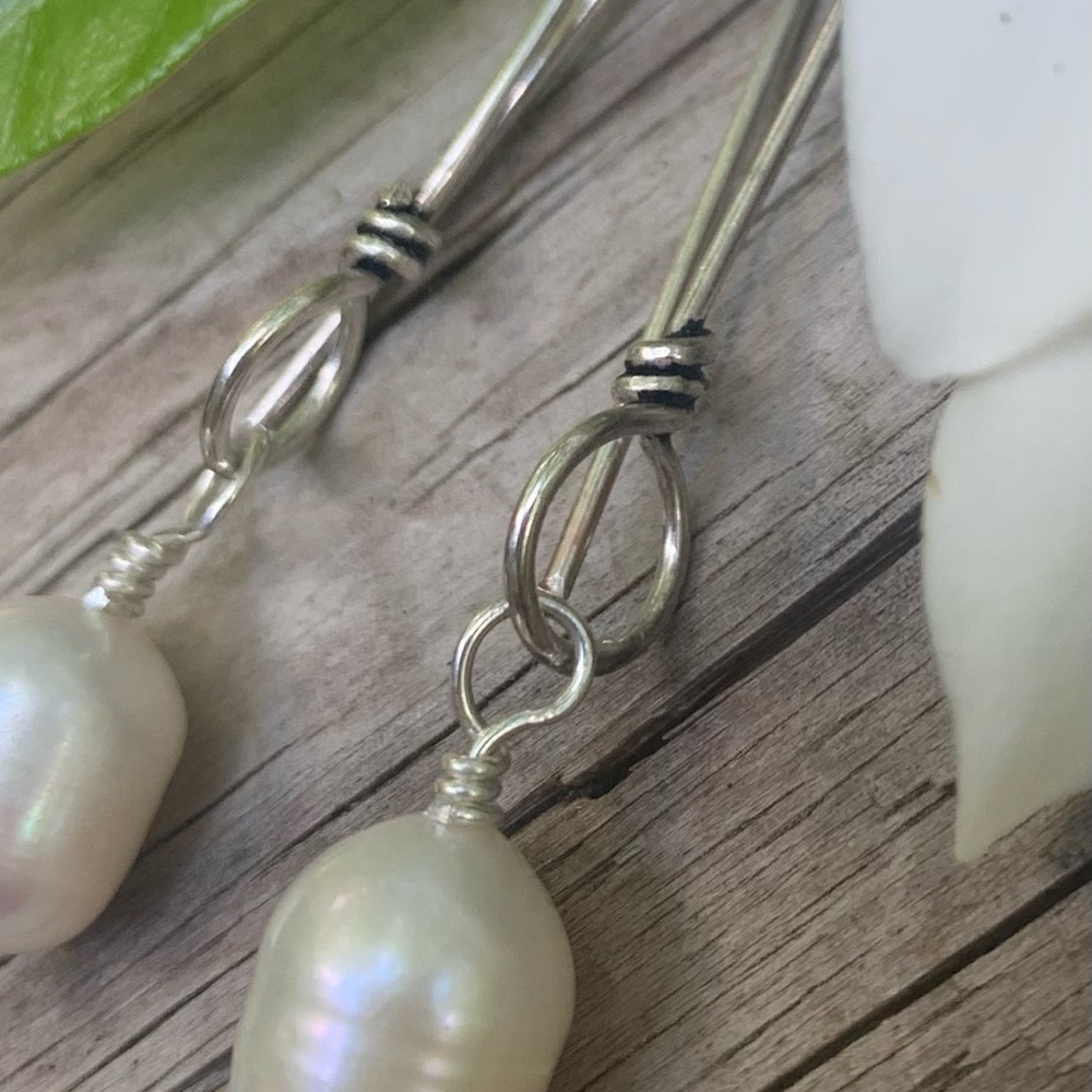 SOLD Pearl White Barrel Earrings.SS Twisted ear wire. Jewelry Store Quality - Picture 3 of 11